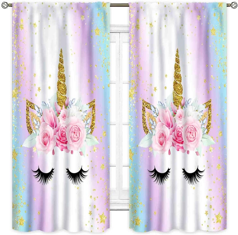 TKUYO Unicorn Curtains for Girls Bedroom, Ombre Rainbow Pink Gold Princess Unicorn Colorful Blackout Drpaes for Girls Kids Baby Room Living Room Nursery Window Treatments 2 Panels Sets, 52"x84" Inch - Image 2